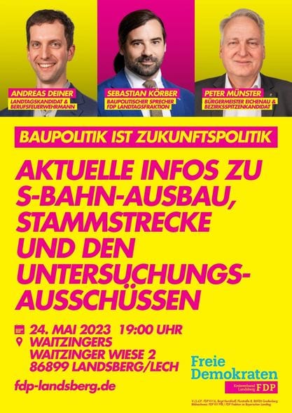 Veranstaltungsplakat „Baupolitik ist Zukunftspolitik" zum Diskussionsabend über den S-Bahn-Ausbau am 24. Mai 2023 mit Porträts von Andreas Deiner, Sebastian Körber und Peter Münster
