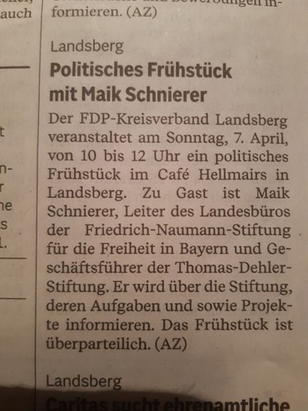 Zeitungsankündigung des Politischen Frühstücks mit Maik Schnierer, Leiter des Landesbüros der Friedrich-Naumann-Stiftung
